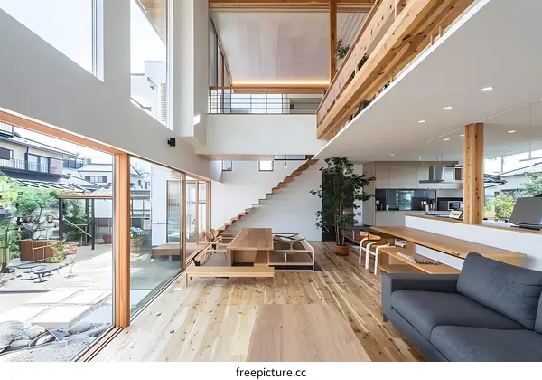 Modern Japanese Home Interior Design with Wooden Beams and Large Windows