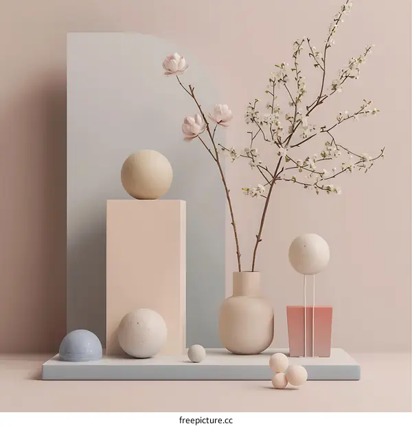 Minimalist Still Life with White Flowers and Geometric Shapes