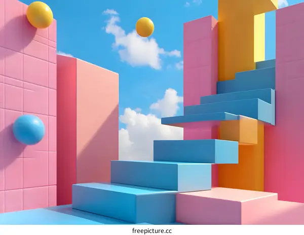 Abstract 3D Geometric Shapes with Blue Sky and Clouds Background