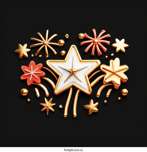 3D Gold Fireworks Star Celebration Illustration