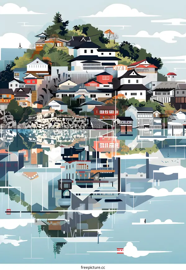 Sea Village Illustration with Buildings and Water Reflection