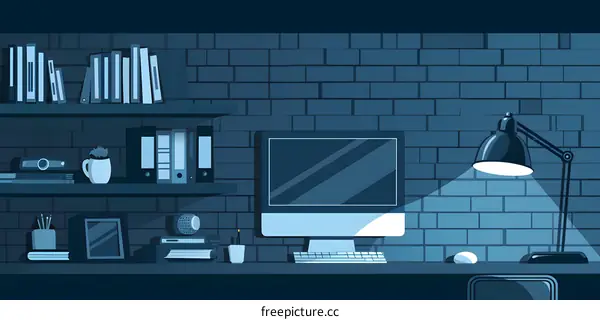 Blue Work Space Illustration with Brick Wall