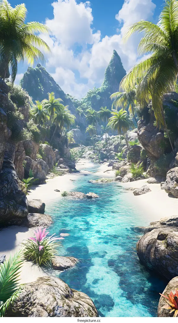 Tropical Paradise with Blue Lagoon and Lush Vegetation