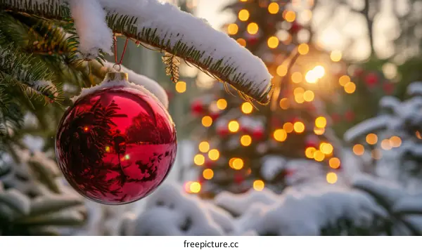 Red Christmas ball hanging on a snowy fir tree branch with blurred lights in the background