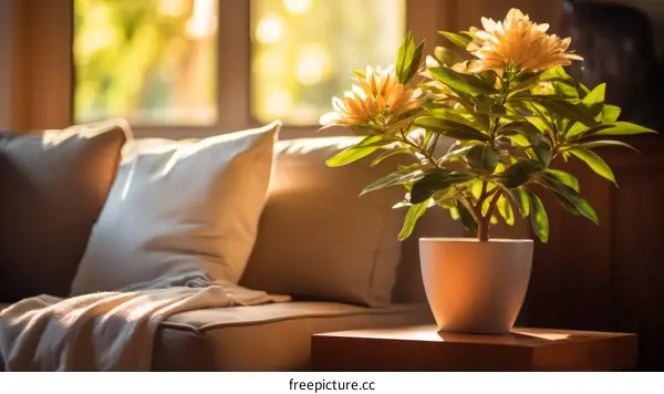 A beautiful living room with a potted plant on a table