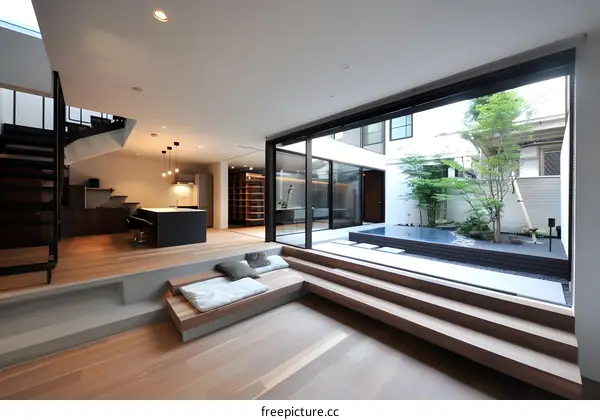 Modern Japanese Home Interior Design with Courtyard and Pool