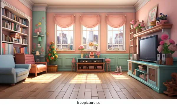 Cozy home interior living room with sofa, TV, and bookshelves