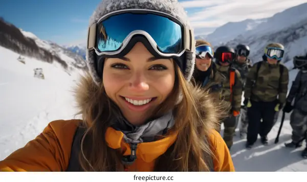 A group of friends skiing down a snowy mountainside