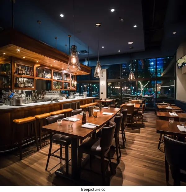Elegant modern restaurant interior with wood tables and chairs