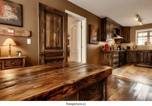 Rustic Wooden Kitchen Dining Table and Cabinets