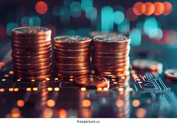 Gold Coins Stacked on Circuit Board with Bokeh Lights