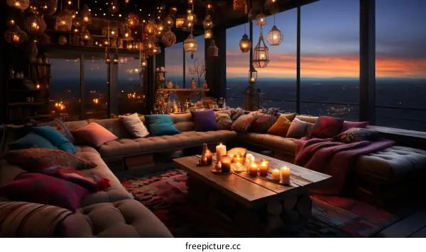 A cozy living room with a view of the city at night
