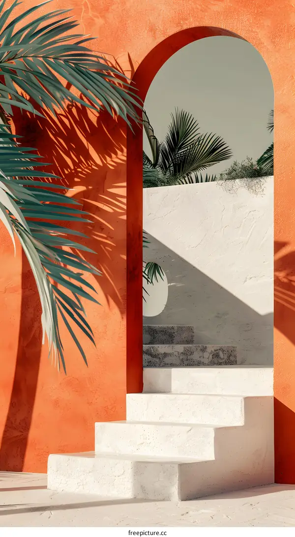 Minimalist Architecture with Palm Trees and Orange Wall