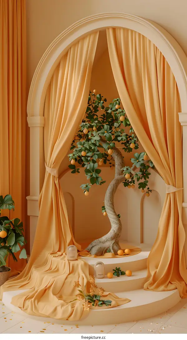 Curtains and a Tree with Oranges