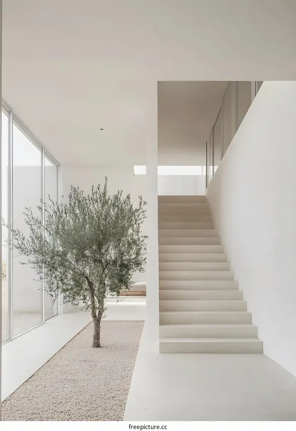 Minimalist White Interior Design with a Small Tree