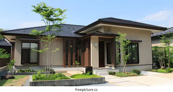 Modern Japanese Style House with a Green Lawn