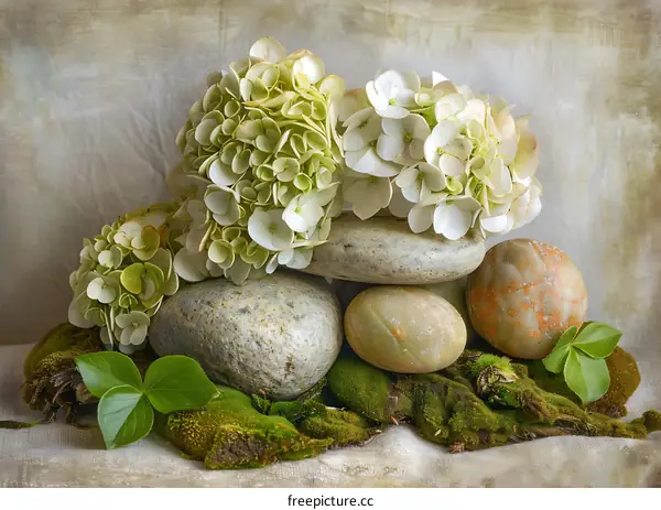 Hydrangea Flowers with Stone and Moss