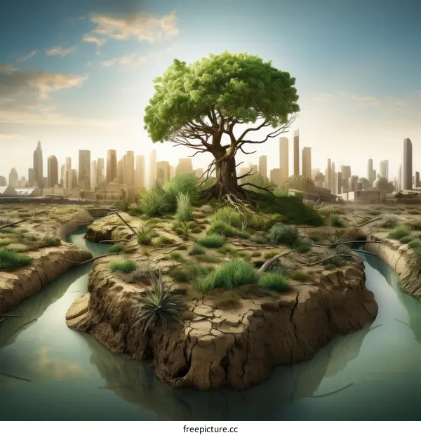 A tree grows in the middle of a dried out city