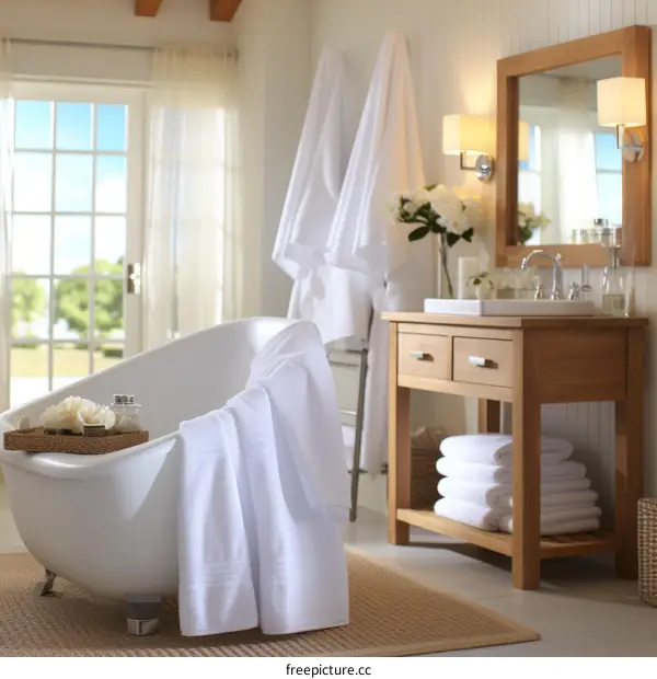 White towels and flowers in a bathroom