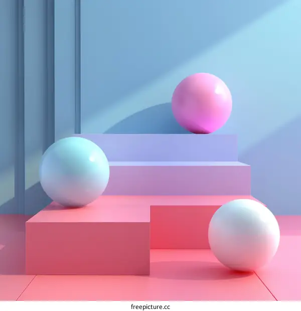3D rendering of pink, blue, and white spheres on a pink and blue podium