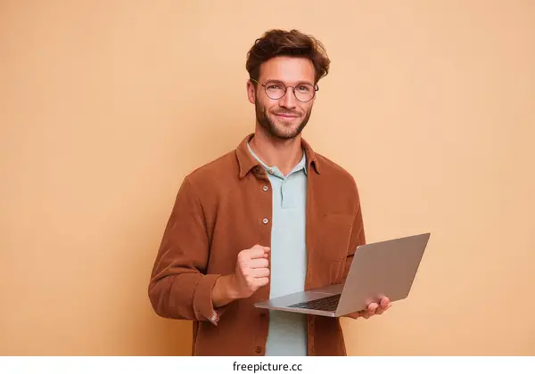 Man Holding Laptop in Studio Setting