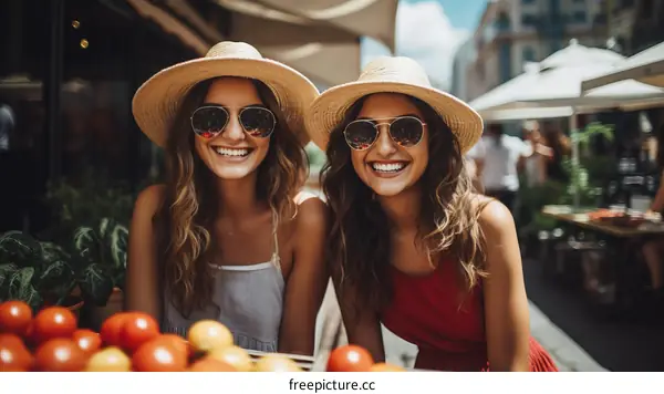 Two young women wearing sunglasses and straw hats smile while sitting at a table with tomatoes