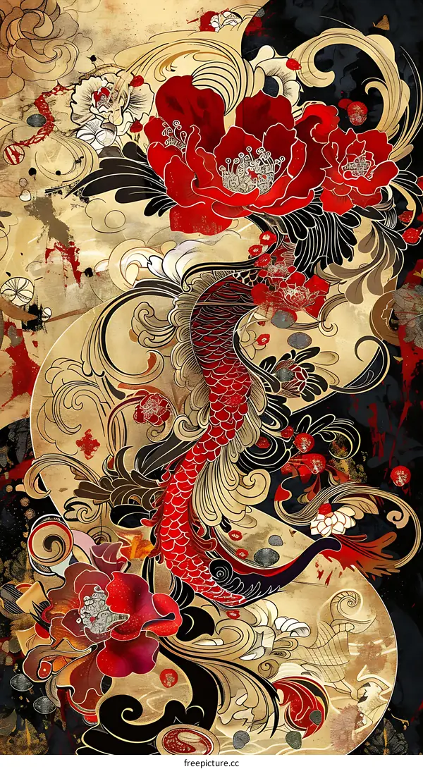 Japanese Koi Fish Tattoo Design with Floral Patterns