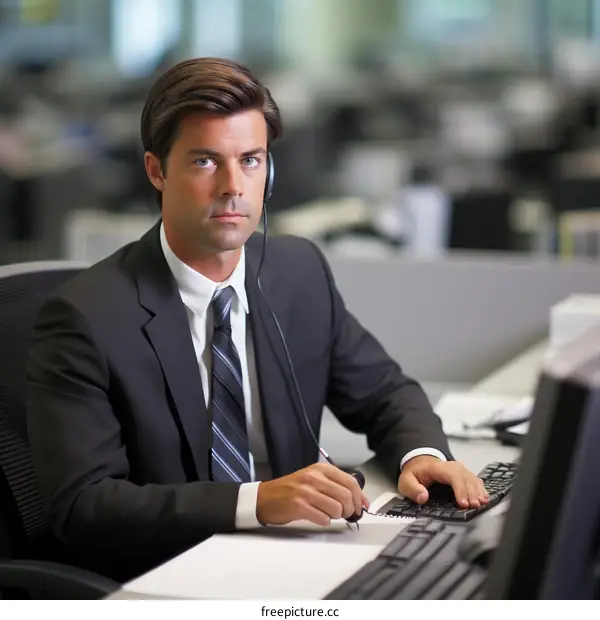 A businessman is working in an office.