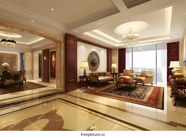 Luxury Living Room Interior Design With Marble Floor And Gold Accents