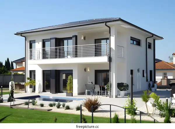 Modern White House with Swimming Pool and Patio