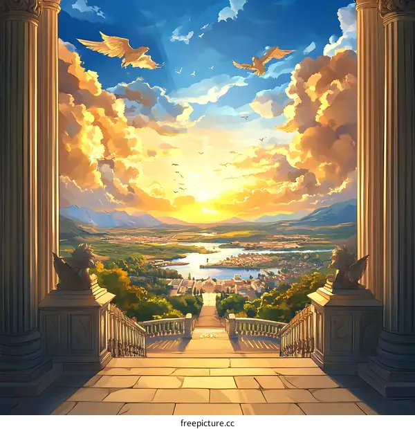 Sunset Over The City From A Temple