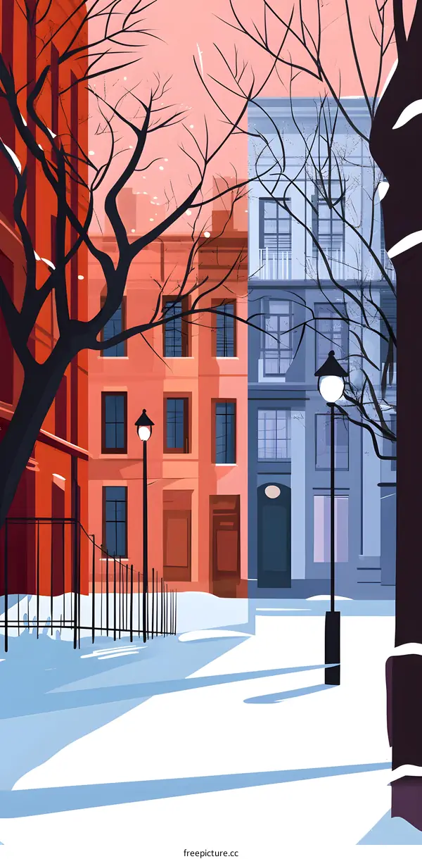 Winter Cityscape with Snow Covered Street