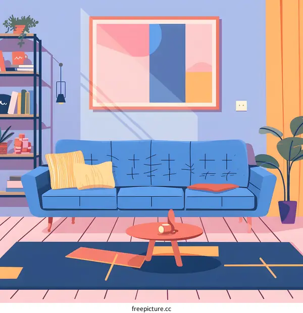 Modern Living Room Interior Design with Blue Sofa and Colorful Artwork