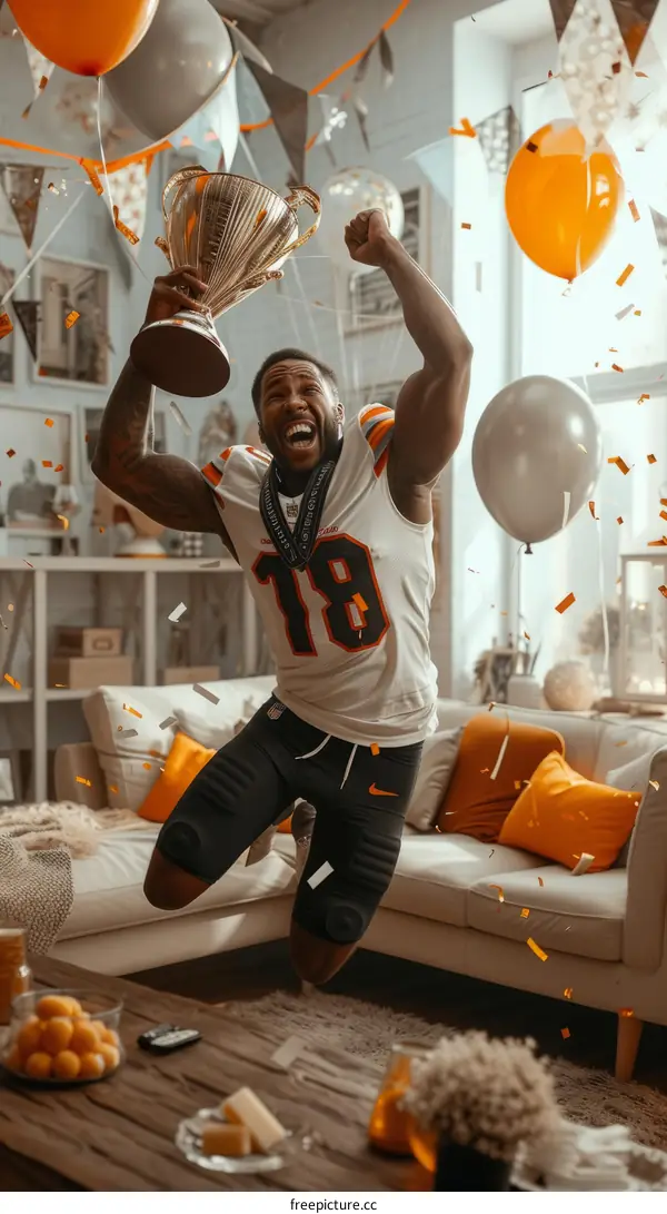 Ecstatic African-American football player celebrates championship victory at home