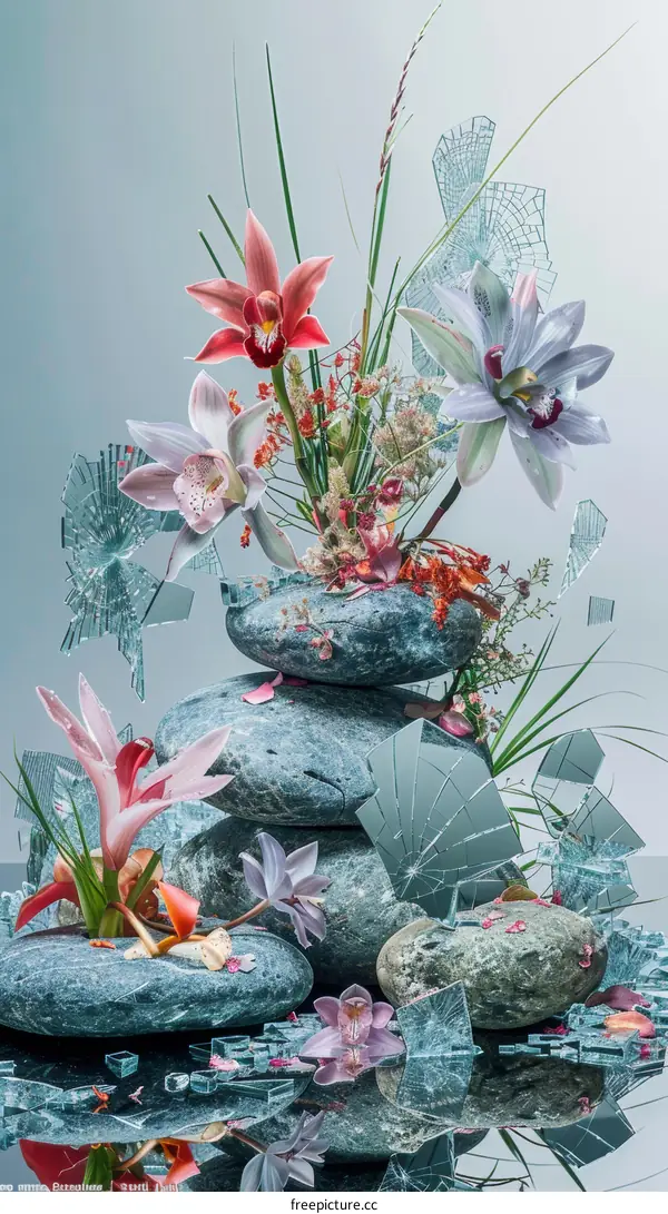 Still Life with Stones, Orchids, and Broken Glass
