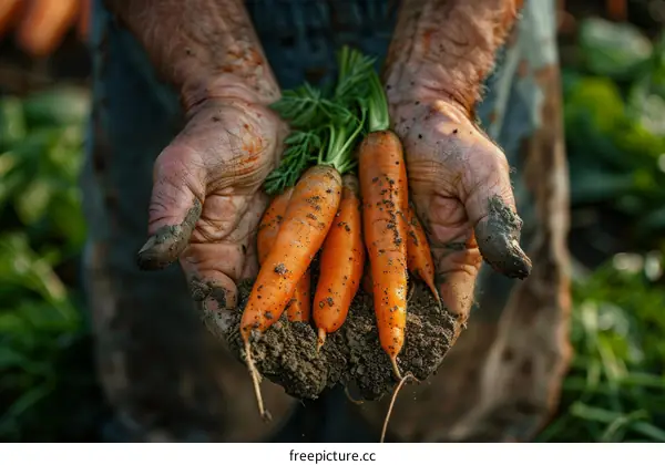 A farmer holding a handful of freshly harvested carrots