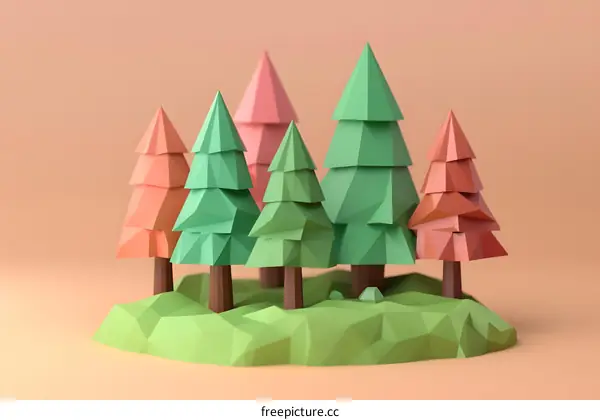 Low Poly Green And Pink Trees On A Pink Background