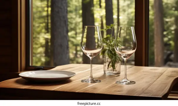 Two empty wine glasses on a wooden table in front of a forest view