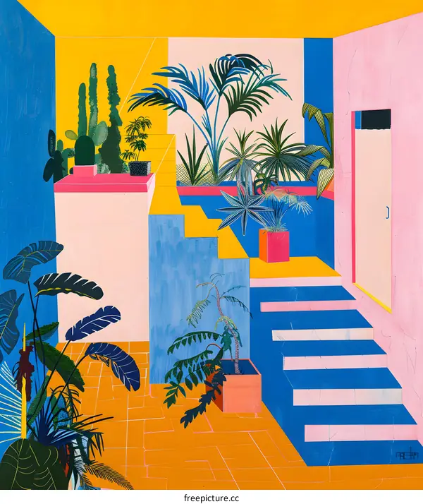 Abstract Geometric Illustration of Indoor Garden with Plants and Stairs