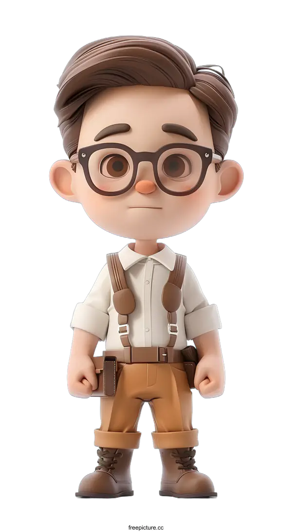 [Transparent Background PNG]Cartoon Illustration of a Young Man Wearing Glasses and Suspenders