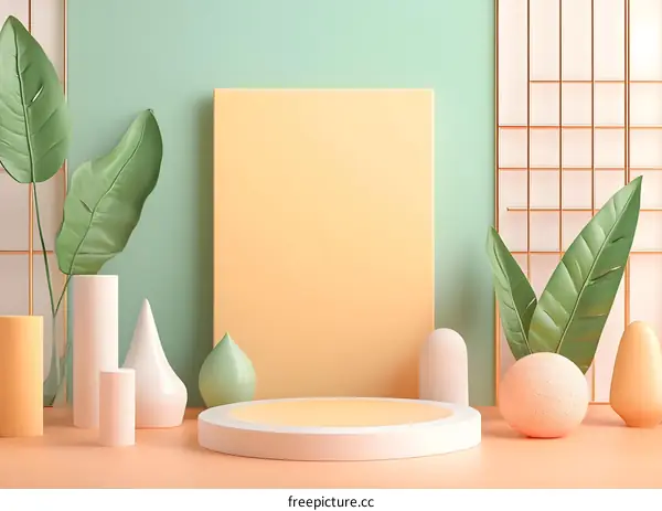 Minimalist 3D Render of  Geometric Shapes with  Green Leaves