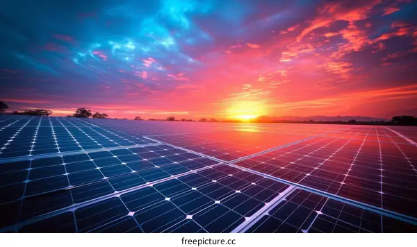 Sunset over a solar farm