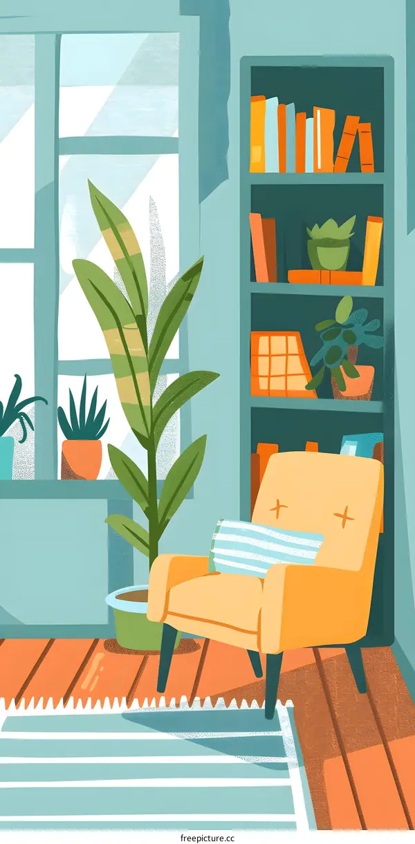 Cozy Living Room With Bookshelf And Yellow Armchair