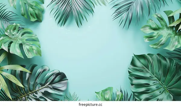 Tropical Leaves on a Blue Background