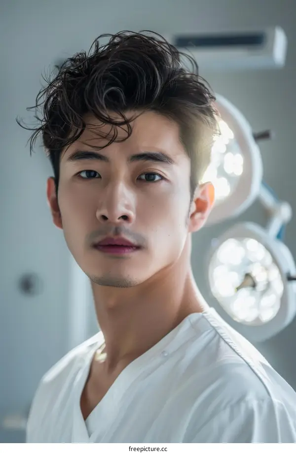 Portrait of a young Asian male doctor in a white coat looking at the camera with a serious expression