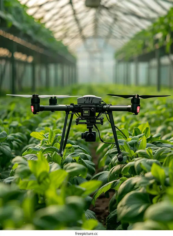 Agriculture technology concept with drone flying over plants in greenhouse