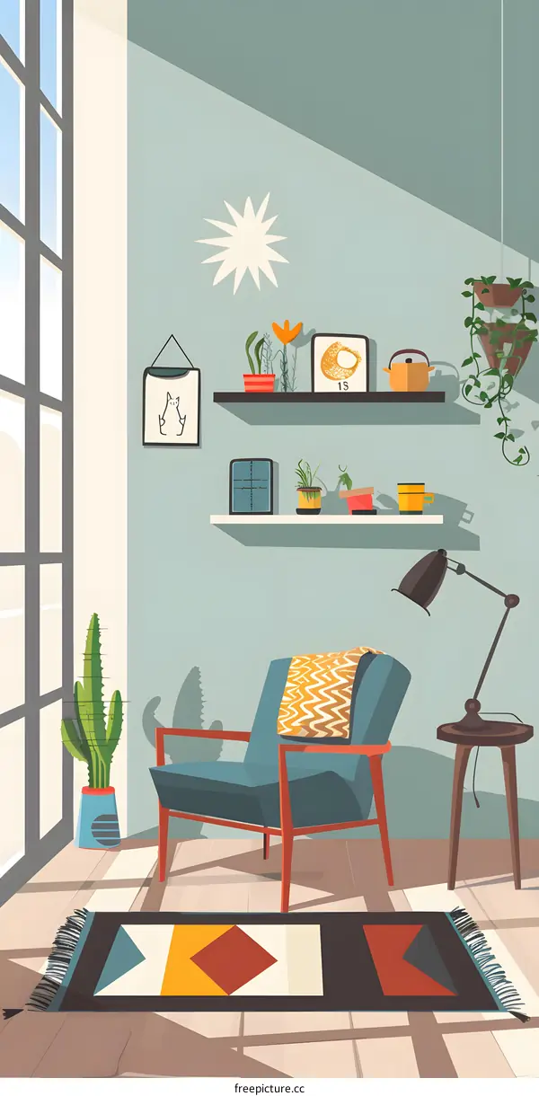 Modern Home Interior Design with a Blue Armchair and a Rug