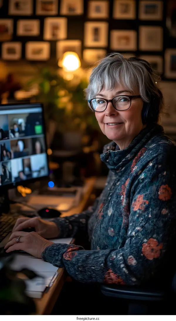 Woman in Glasses and Headphones Uses Computer for Video Call