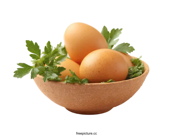 [Transparent Background PNG]Fresh Eggs in a Rustic Bowl with Herbs