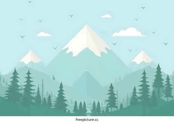 Mountain Landscape Illustration With Pine Trees And Birds
